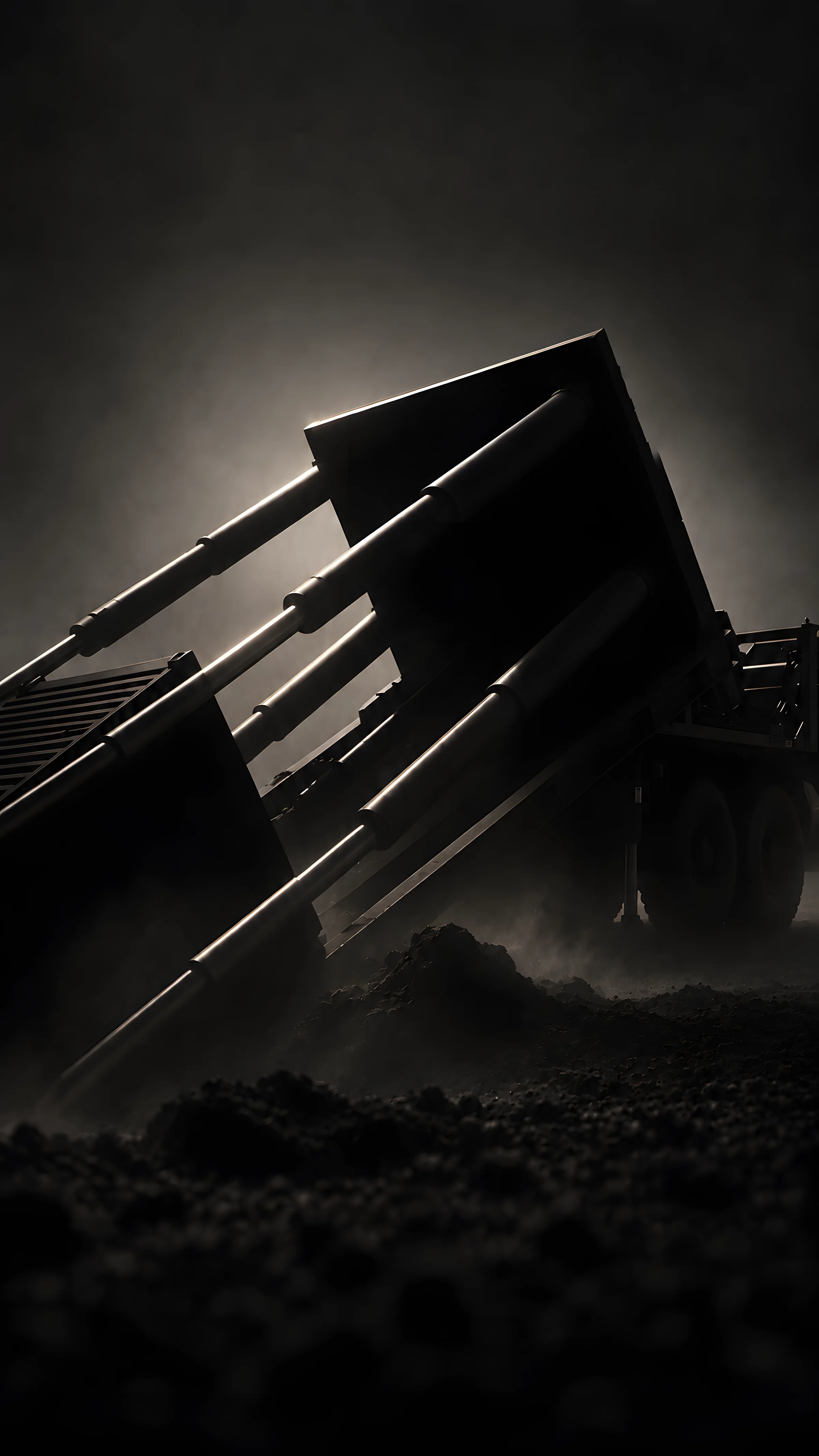 Terminus launch bed and hydraulic rams, backlit through dust
